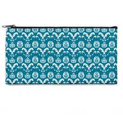 Easter Damask Pattern Deep Teal Blue And White Pencil Cases by emilyzragz