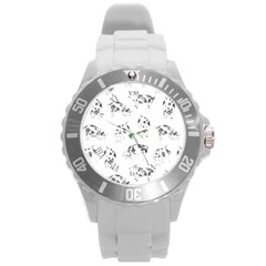 Pig Pattern Hand Drawn With Funny Cow Spots Black And White Round Plastic Sport Watch (l) by genx