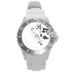 Pig Smiling Head Up Hand Drawn With Funny Cow Spots Black And White Round Plastic Sport Watch (l) by genx