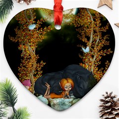 Cute Fairy With Awesome Wolf In The Night Ornament (heart) by FantasyWorld7