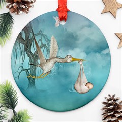 Cute Baby Is Coming With Stork Ornament (round) by FantasyWorld7