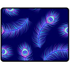 Seamless Pattern With Colorful Peacock Feathers Dark Blue Background Double Sided Fleece Blanket (medium)  by Vaneshart