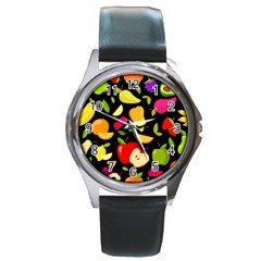 Vector Seamless Summer Fruits Pattern Black Background Round Metal Watch by Vaneshart