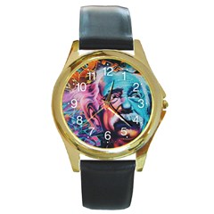 Albert Einstein Retro Wall Graffiti Blue Pink Orange Modern Urban Art Grunge Round Gold Metal Watch by snek