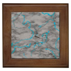 Marble Light Gray With Bright Cyan Blue Veins Texture Floor Background Retro Neon 80s Style Neon Colors Print Luxuous Real Marble Framed Tile by genx