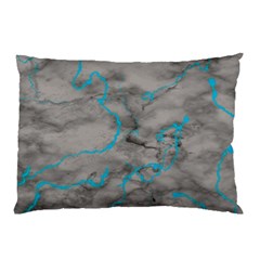 Marble Light Gray With Bright Cyan Blue Veins Texture Floor Background Retro Neon 80s Style Neon Colors Print Luxuous Real Marble Pillow Case (two Sides) by genx