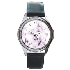 White Marble Violet Purple Veins Accents Texture Printed Floor Background Luxury Round Metal Watch by genx