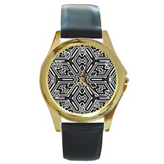 Grid Pattern Backdrop Seamless Design Geometric Patterns Line Round Gold Metal Watch by Vaneshart