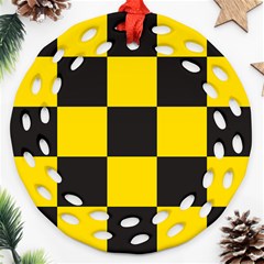 Checkerboard Pattern Black And Yellow Ancap Libertarian Ornament (round Filigree) by snek