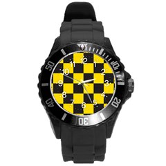 Checkerboard Pattern Black And Yellow Ancap Libertarian Round Plastic Sport Watch (l) by snek