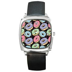 Colorful Donut Seamless Pattern On Black Vector Square Metal Watch by Sobalvarro