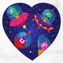 Cartoon Funny Aliens With Ufo Duck Starry Sky Set Jigsaw Puzzle (heart) by Vaneshart