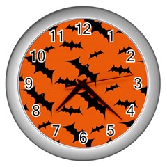 Halloween Card With Bats Flying Pattern Wall Clock (silver) by Vaneshart