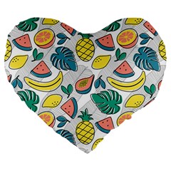 Seamless Pattern Tropical Fruit Banana Watermelon Papaya Lemon Orange Monstera Large 19  Premium Heart Shape Cushions by Vaneshart