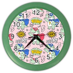 Seamless Pattern With Many Funny Cute Superhero Dinosaurs T Rex Mask Cloak With Comics Style Color Wall Clock by BangZart