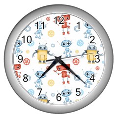 Cute Cartoon Robots Seamless Pattern Wall Clock (silver) by BangZart