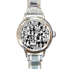 Graffiti Spray Can Characters Seamless Pattern Round Italian Charm Watch by Amaryn4rt