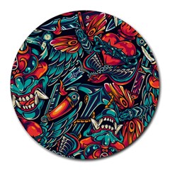 Vintage Tattoos Colorful Seamless Pattern Round Mousepads by Amaryn4rt