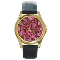 Pink And Brown Camouflage Round Gold Metal Watch by SpinnyChairDesigns