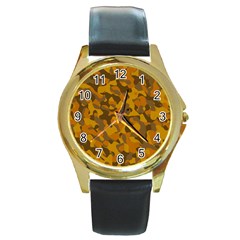 Brown And Orange Camouflage Round Gold Metal Watch by SpinnyChairDesigns