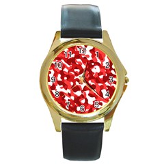 Red And White Camouflage Pattern Round Gold Metal Watch by SpinnyChairDesigns