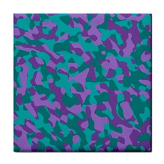 Purple And Teal Camouflage Pattern Tile Coaster by SpinnyChairDesigns