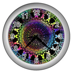 Colorful Rainbow Colored Arabesque Mandala Kaleidoscope  Wall Clock (silver) by SpinnyChairDesigns