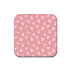 Animal Cat Dog Prints Pattern Pink White Rubber Coaster (square)  by SpinnyChairDesigns