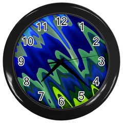 Blue Green Zig Zag Waves Pattern Wall Clock (black) by SpinnyChairDesigns