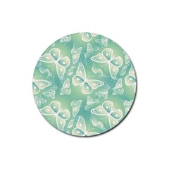 Turquoise Light Green Butterfly Pattern Rubber Coaster (round)  by SpinnyChairDesigns