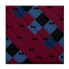 Burgundy Black Blue Abstract Check Pattern Tile Coaster by SpinnyChairDesigns