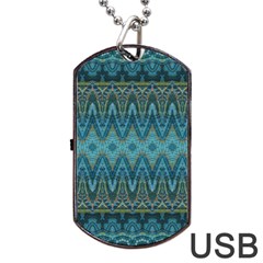 Boho Teal Blue Pattern Dog Tag Usb Flash (two Sides) by SpinnyChairDesigns