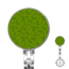 Avocado Green Butterfly Print Stainless Steel Nurses Watch by SpinnyChairDesigns