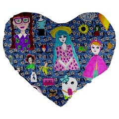 Blue Denim And Drawings Daisies Large 19  Premium Flano Heart Shape Cushions by snowwhitegirl