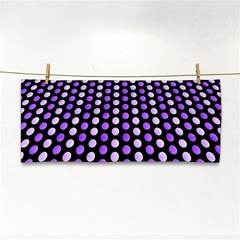 Purple And Pink Dots Pattern, Black Background Hand Towel by Casemiro