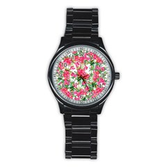 Pink Flowers Stainless Steel Round Watch by goljakoff