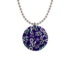 Floral Blue Pattern 1  Button Necklace by MintanArt