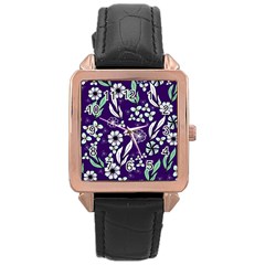 Floral Blue Pattern Rose Gold Leather Watch  by MintanArt