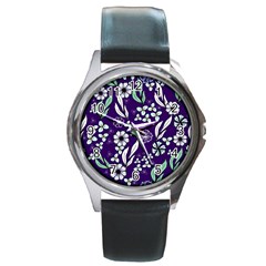 Floral Blue Pattern  Round Metal Watch by MintanArt