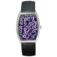 Floral Blue Pattern  Barrel Style Metal Watch by MintanArt