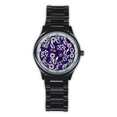 Floral Blue Pattern  Stainless Steel Round Watch by MintanArt