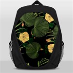 Tropical vintage yellow hibiscus floral green leaves seamless pattern black background. Backpack Bag Front