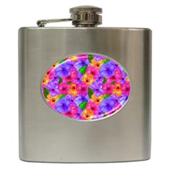 Watercolor Flowers  Multi-colored Bright Flowers Hip Flask (6 Oz) by SychEva