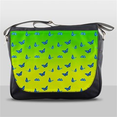 Blue Butterflies At Yellow And Green, Two Color Tone Gradient Messenger Bag by Casemiro