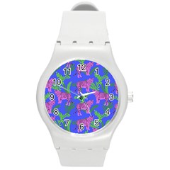 Pink Tigers On A Blue Background Round Plastic Sport Watch (m) by SychEva