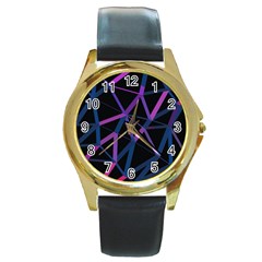 3d Lovely Geo Lines  V Round Gold Metal Watch by Uniqued