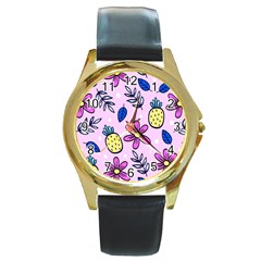 Flowers Purple Round Gold Metal Watch by nateshop