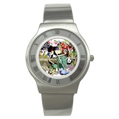 Zoo-animals-peacock-lion-hippo Stainless Steel Watch by Pakrebo