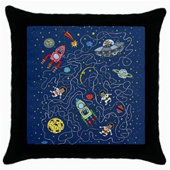 Illustration Cat Space Astronaut Rocket Maze Throw Pillow Case (black) by Ravend