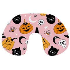 Pumpkin Cat Pattern Skull Travel Neck Pillow by Wegoenart